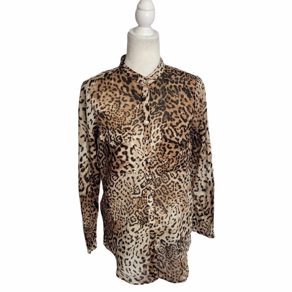 ZARA shirt big cat jaguar print oversized button‎ up cotton top M